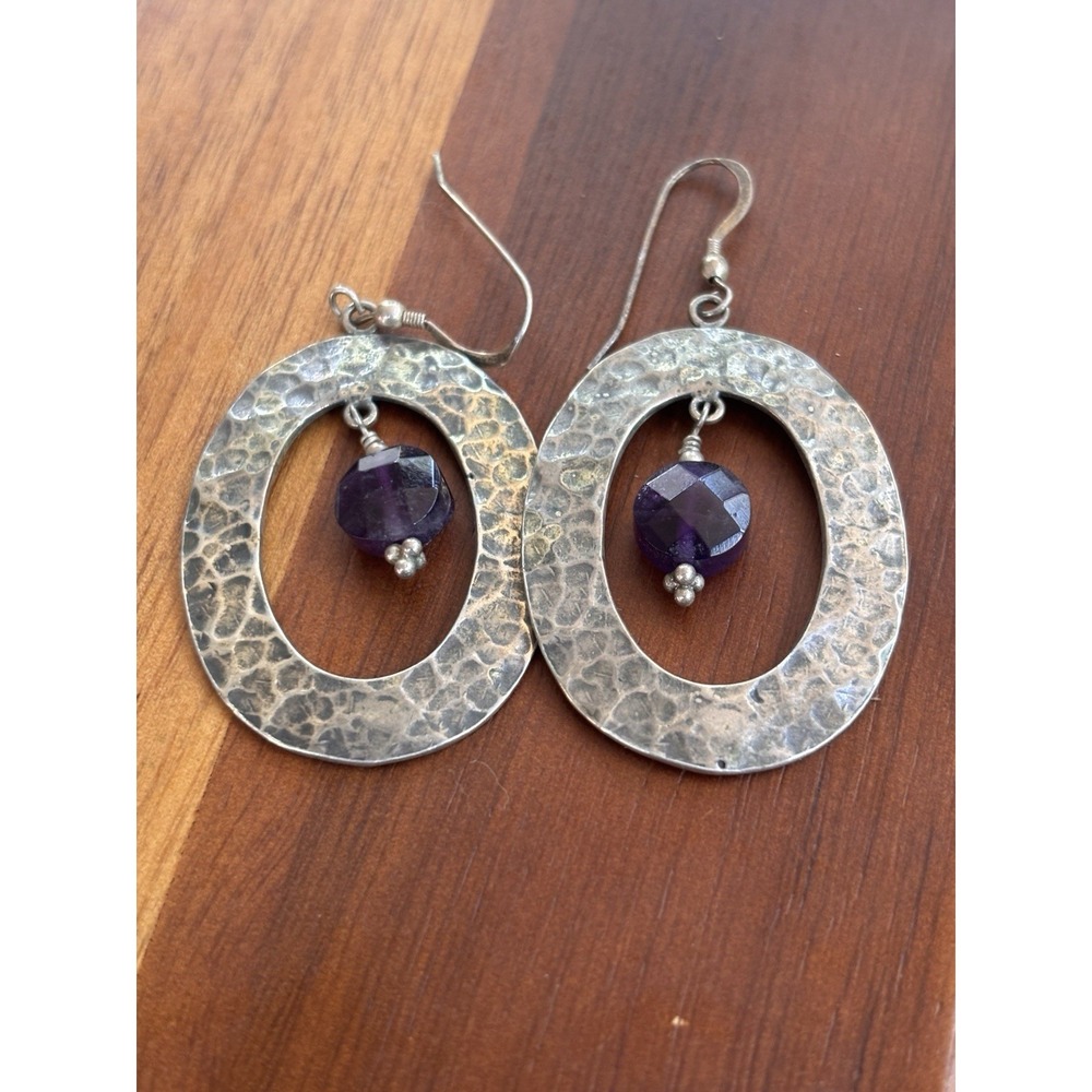 Sterling Silver Oval Hammered 925 Amethyst Hook Earrings